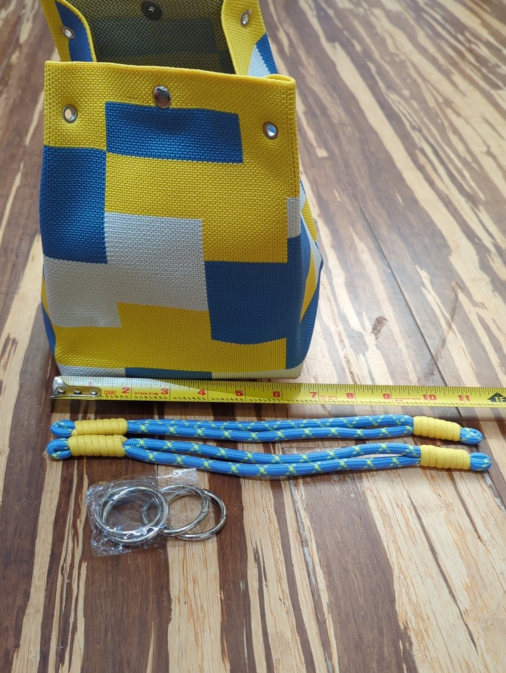 Striped Blue, Yellow & Cream Canvas Square Bucket Purse NIP